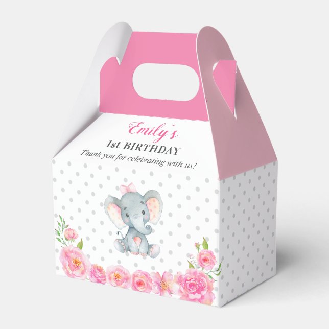 Pink Elephant First Birthday Party Little Peanut Favor Boxes (Front Side)