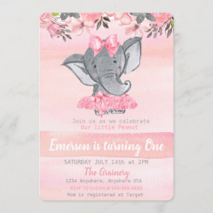 Pink Elephant First birthday, Peanut girls Invitation