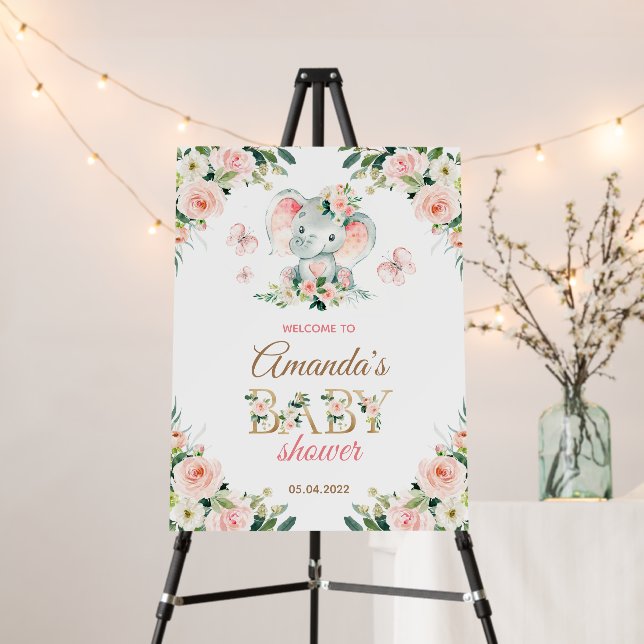 Pink Elephant Floral Baby Shower Welcome sign (In Situ (Stand))