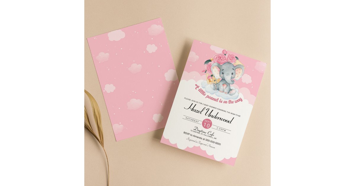 Pink Elephant Floral Girl Baby Shower Invitation | Zazzle