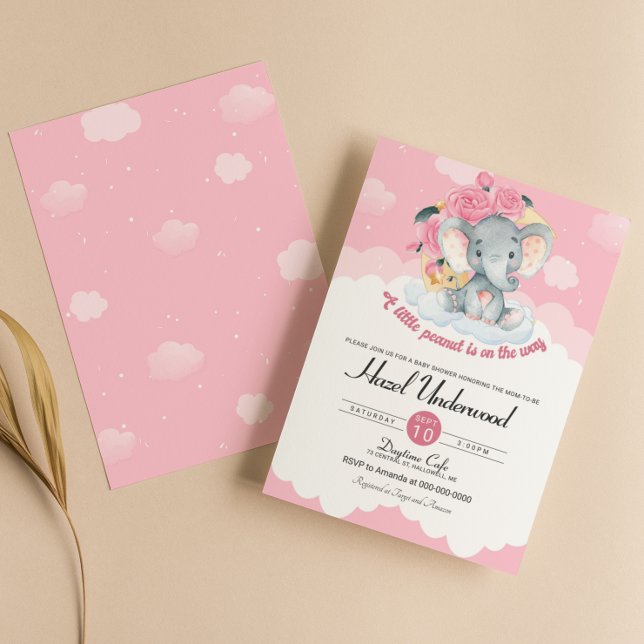 Pink Elephant Floral Girl Baby Shower Invitation