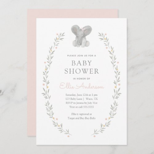 Pink Elephant Floral Greenery Girl Baby Shower Invitation