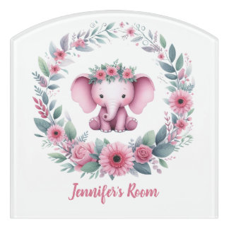 Pink Elephant Floral Name Door Sign