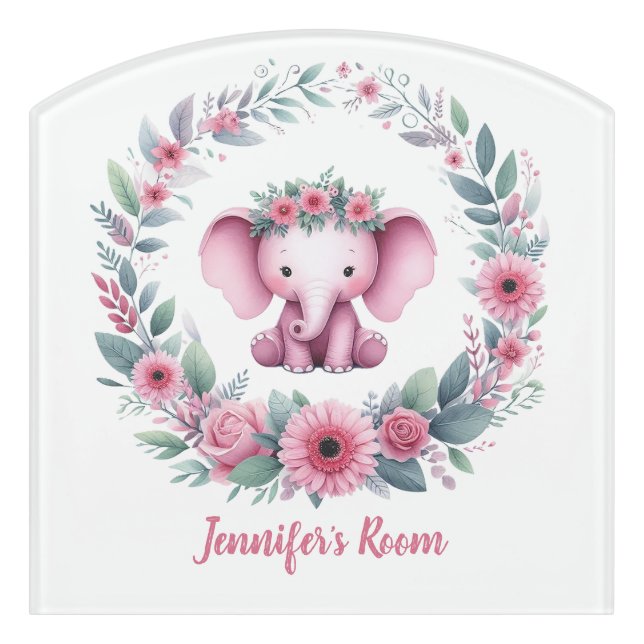 Pink Elephant Floral Name Door Sign (Contour Front)