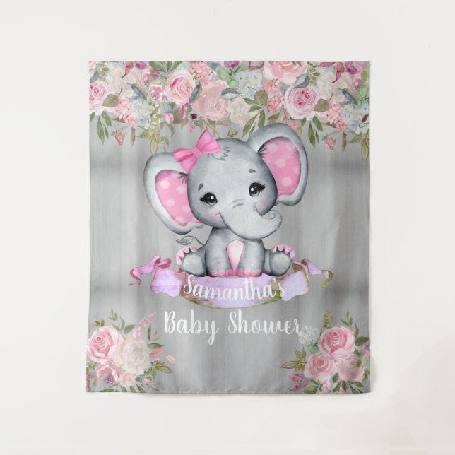 Pink Elephant Floral Photo Backdrop Baby Shower  (Front)