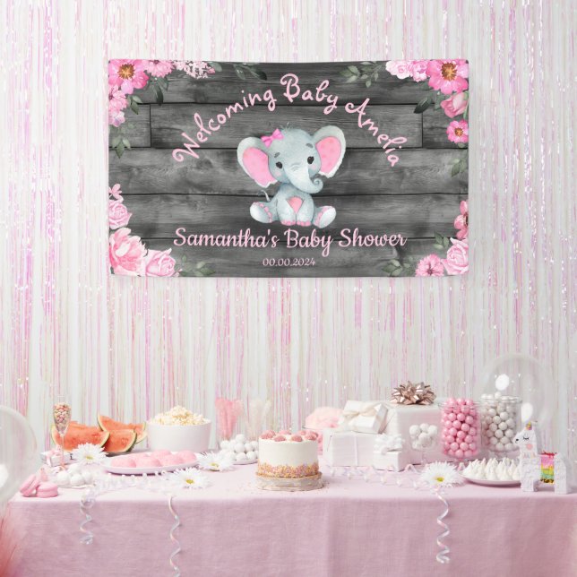 Pink Elephant Floral Tabletop Backdrop Banner Sign (Party)