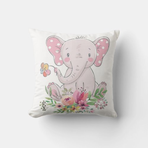 Pink Elephant Floral Throw Pillow 