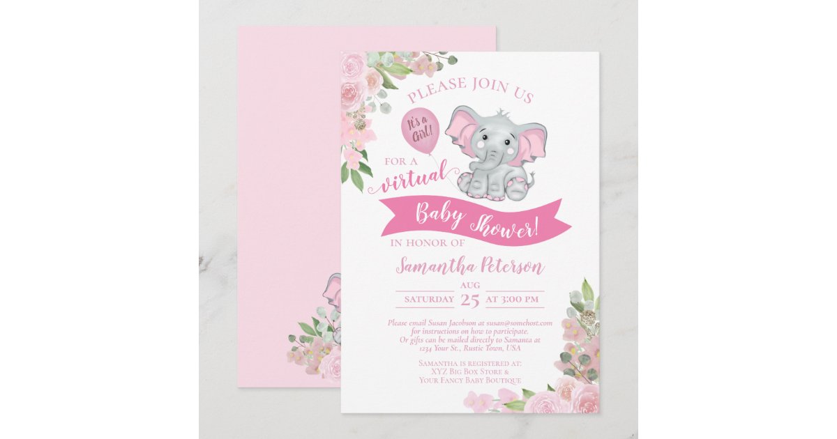 Pink Elephant & Floral Virtual Baby Girl Shower Invitation | Zazzle