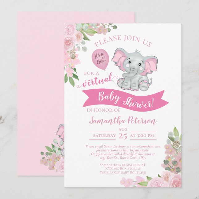 Pink Elephant & Floral Virtual Baby Girl Shower Invitation (Front/Back)