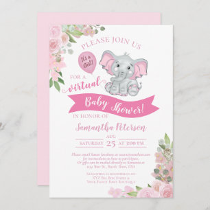 Pink Elephant & Floral Virtual Baby Girl Shower Invitation