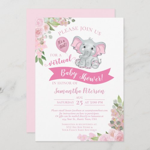 Pink Elephant  Floral Virtual Baby Girl Shower Invitation