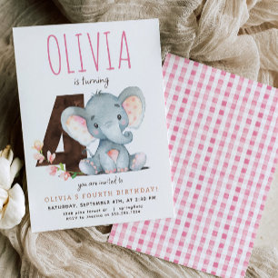 Pink Elephant Fourth Birthday Invitation