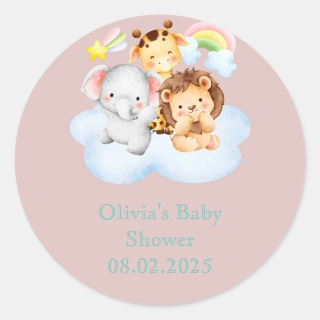 Pink elephant giraffe lion baby shower  classic round sticker (Front)