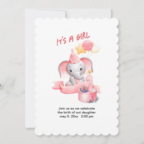 Pink Elephant girl 1st Birthday party invitation
