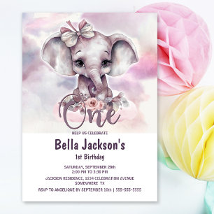 Pink Elephant Girl 1st Birthday Party Invitation