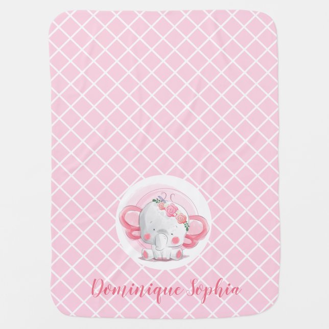 Pink Elephant Girl Baby Blanket (Front)