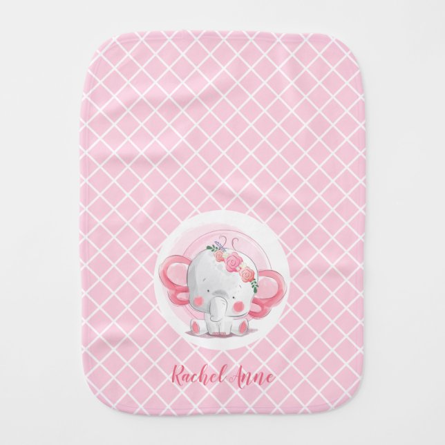 Pink Elephant Girl Baby Burp Cloth (Front)