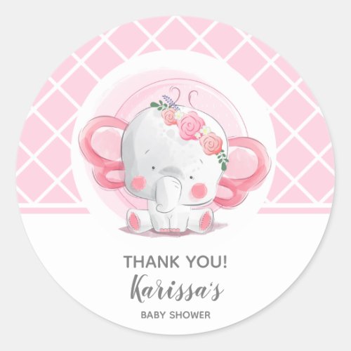 Pink Elephant Girl Baby Shower Classic Round Sticker