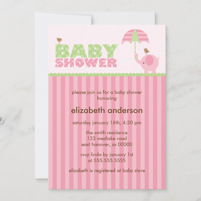 Pink Elephant Girl Baby Shower Invitation (Front)