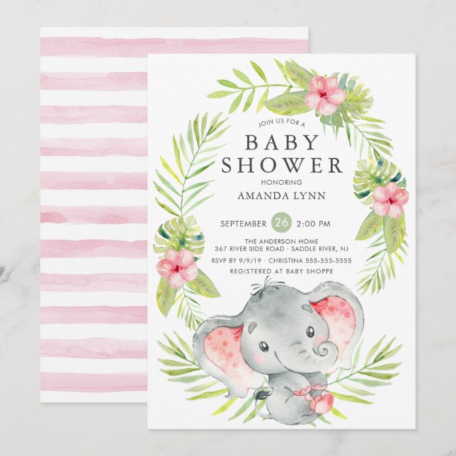 Pink Elephant Girl Baby Shower Invitation (Front/Back)