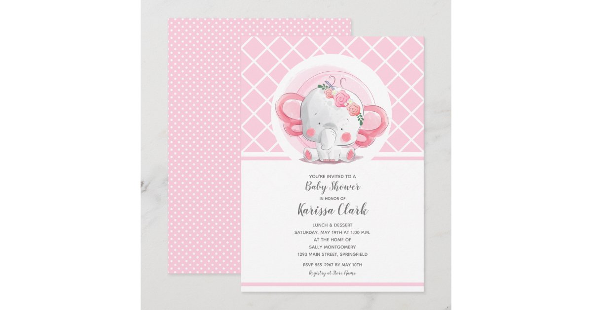 Pink Elephant Girl Baby Shower Invitation | Zazzle