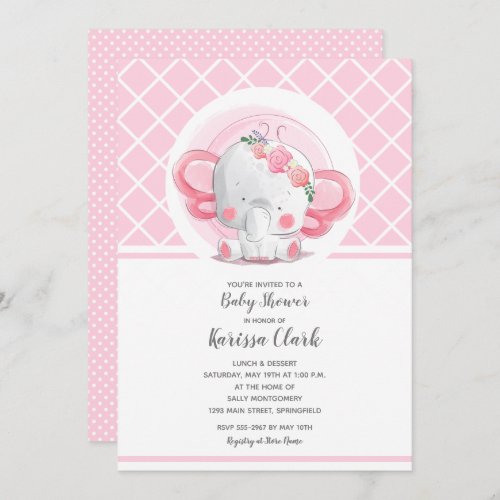 Pink Elephant Girl Baby Shower Invitation
