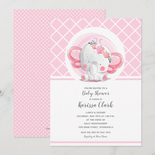 Pink Elephant Girl Baby Shower Invitations (Front/Back)