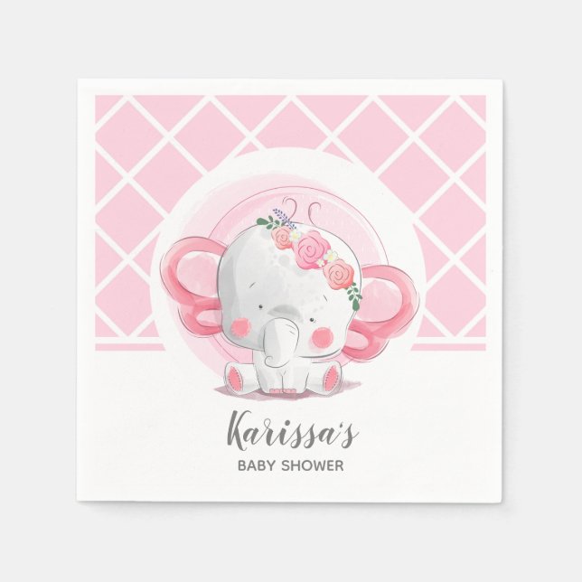 Pink Elephant Girl Baby Shower Napkins (Front)