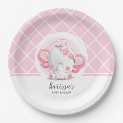 Pink Elephant Girl Baby Shower Paper Plates