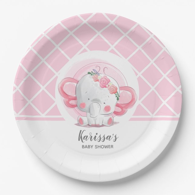 Pink Elephant Girl Baby Shower Paper Plates (Front)