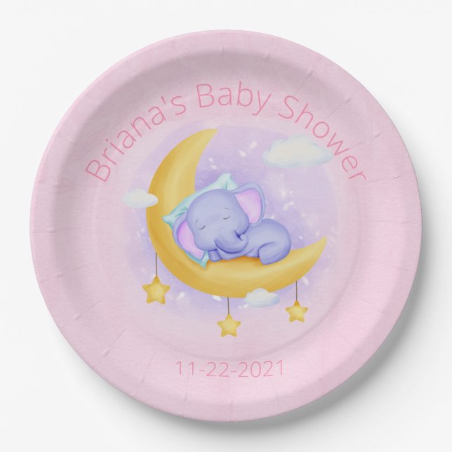 Pink Elephant Girl Baby Shower Paper Plates (Front)