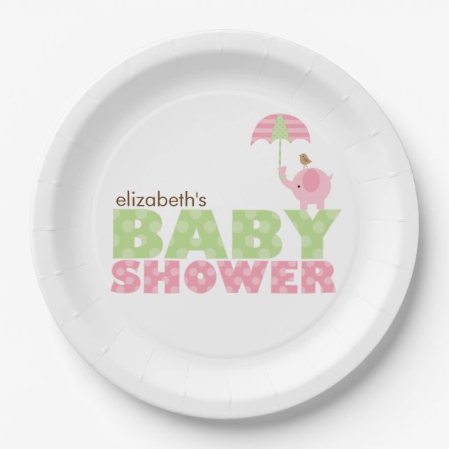 Pink Elephant Girl Baby Shower Paper Plates (Front)