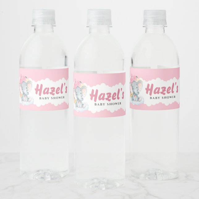Pink Elephant Girl Baby Shower Water Bottle Label (Bottles)