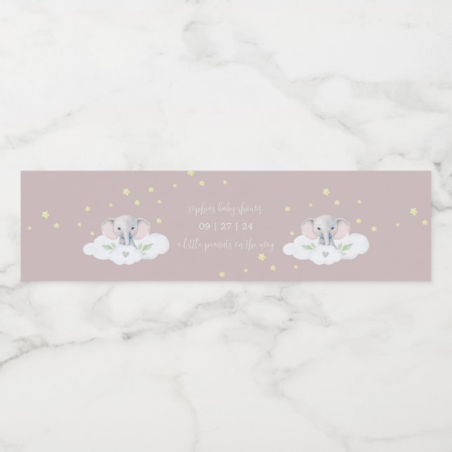 Pink Elephant Girl Baby Shower Water Bottle Labels (Single Label)