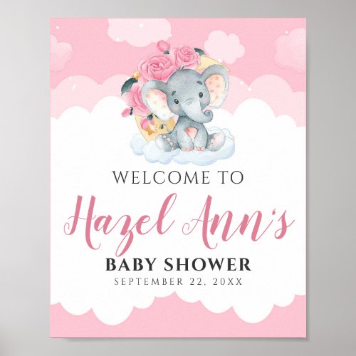 Pink Elephant Girl Baby Shower Welcome Sign