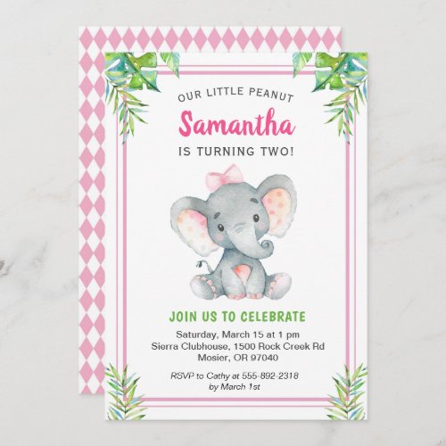 Pink Elephant Girl Birthday Little Peanut Party Invitation