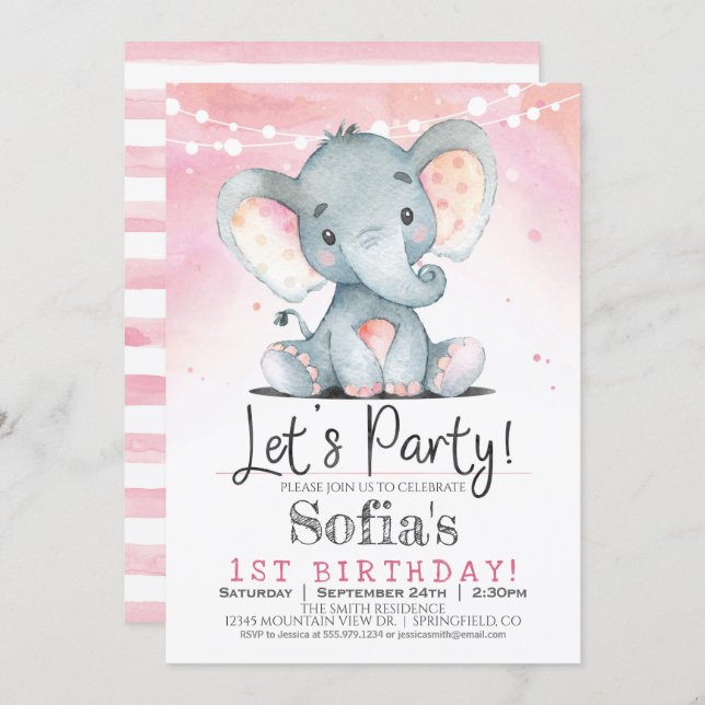 Pink Elephant Girl Birthday Party Invitation (Front/Back)
