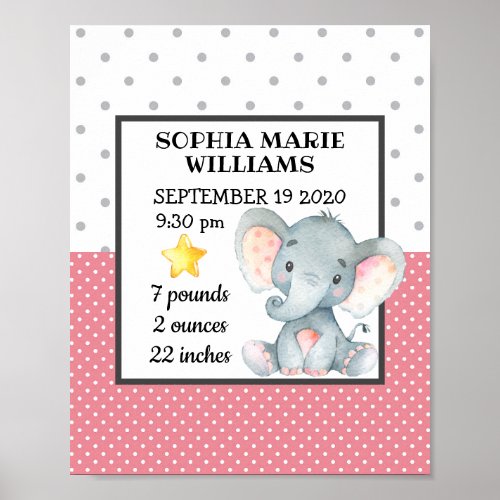 Pink Elephant Girl Birthday Stats Personalized Poster