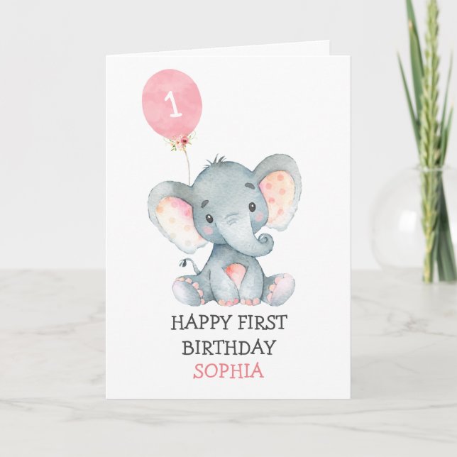 Pink Elephant Girl First Birthday 1st Birthday Card (Front)