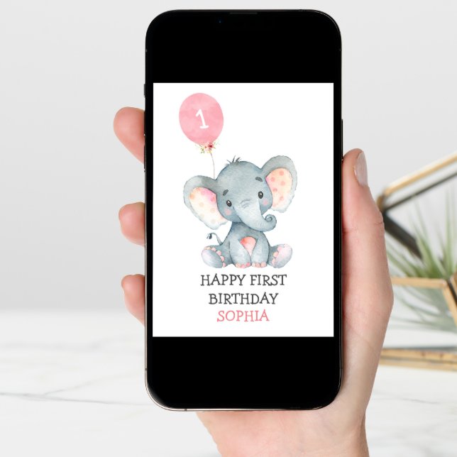 Pink Elephant Girl First Birthday 1st Birthday Card (Front Digital)
