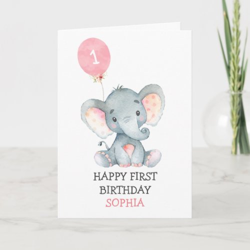 Pink Elephant Girl First Birthday 1st Birthday Card