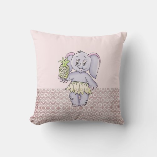 Pink Elephant Girl Modern Baby for Kids Grey Throw Pillow