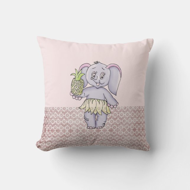 Pink Elephant Girl Modern Baby for Kids Grey Throw Pillow (Front)