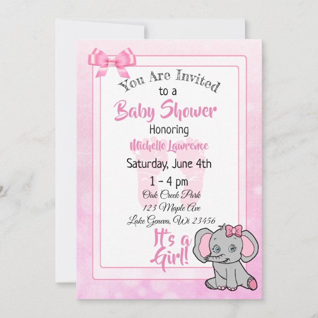 Pink Elephant Girl's Baby Shower Invitation (Front)