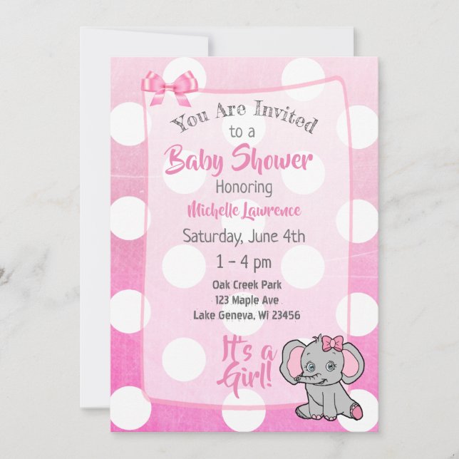 Pink Elephant Girl's Baby Shower Invitation (Front)