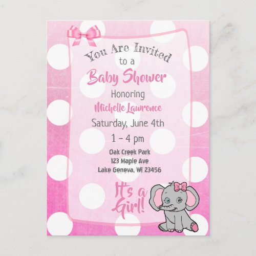 Pink Elephant Girls Baby Shower Invite