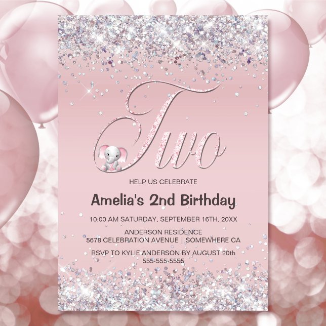 Pink Elephant Glitter 2nd Birthday Party Invitation (Creator Uploaded)