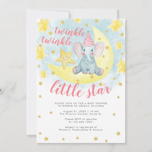Pink Elephant Gold Twinkle Little Star Baby Shower Invitation
