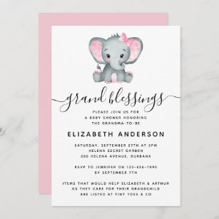 Pink Elephant Grandma Baby Shower Invitation