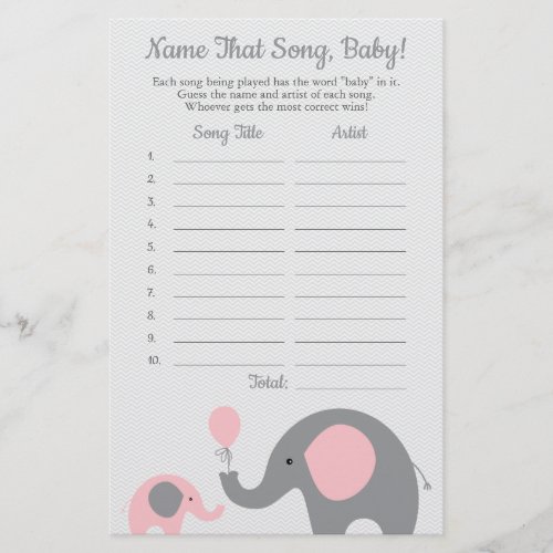 Pink Elephant Guess the Baby Song Baby Shower Game Flyer